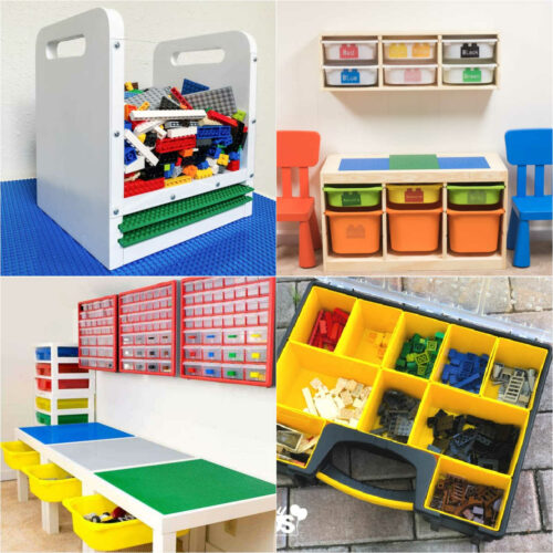Collage: top left storage bin with Lego, top right Trofast storage, bottom right toolbox with Legos, bottom left Lego tables with storage.