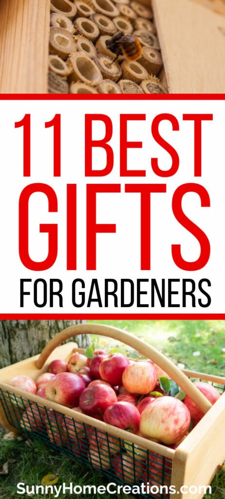Pin image for Pinterest - 11 best gifts for gardeners written in the middle with a mason bee house on top and a gardening hod filled with apples on the bottom.