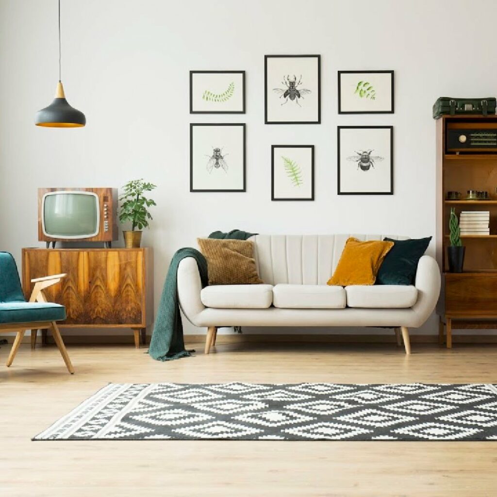 picture of a living room with a rug in front of a couch