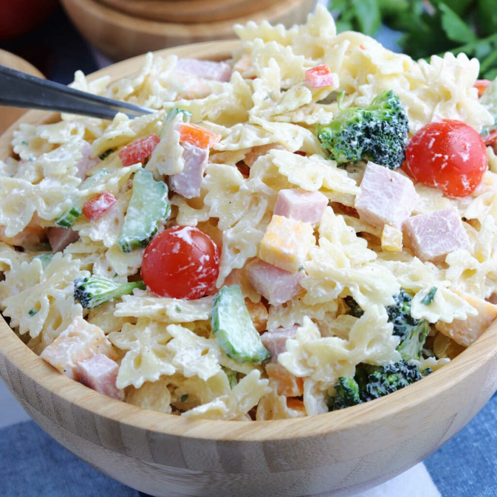 pasta salad in a large bowl.