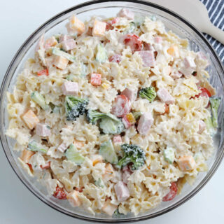 top down view of pasta salad in large bowl.