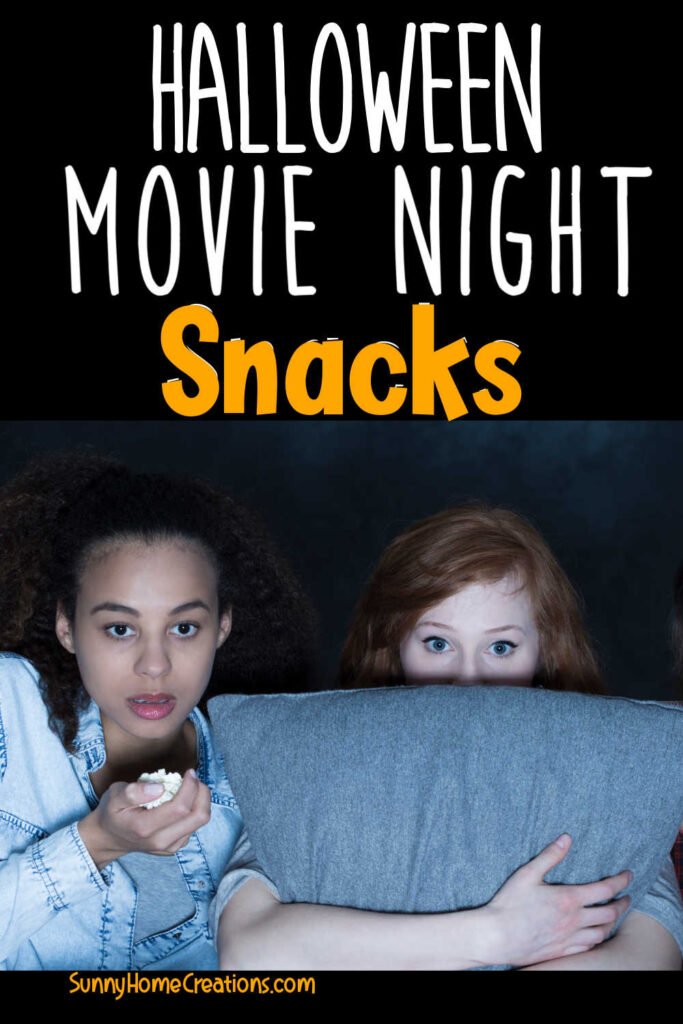 Pin image: top says "Halloween movie night snacks" and bottom has a pic of two kids watching a scary movie.