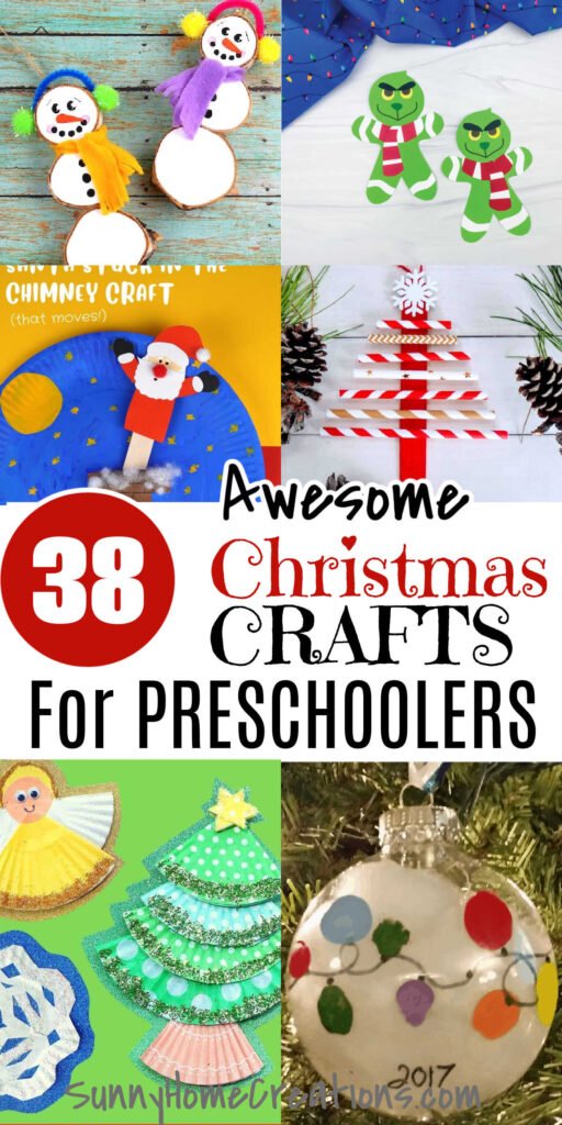 Pin image: top collage has in top left two snowmen, top right two Grinch paper figures, bottom right straw Christmas tree ornament, bottom left a Santa on a stick, middle says "38 Awesome Christmas Crafts for Preschoolers" and bottom left has a Christmas tree, angel and part of a snowflake, bottom right has a ball ornament with fingerprint lights on it.