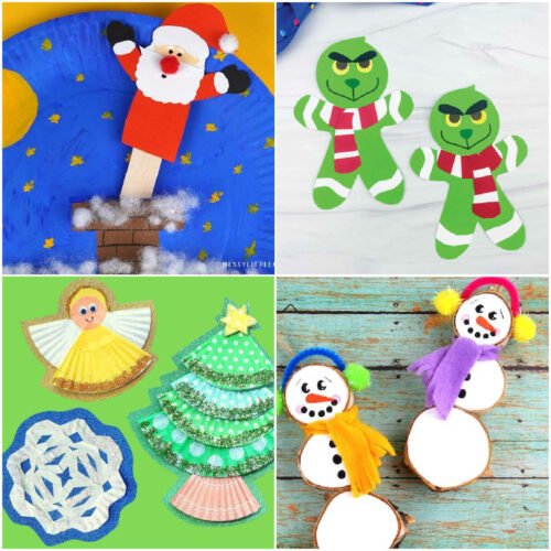 Collage: top left Santa on a plate, top right two Grinches, bottom right snowmen, bottom left Christmas tree, snowflake and Angel.
