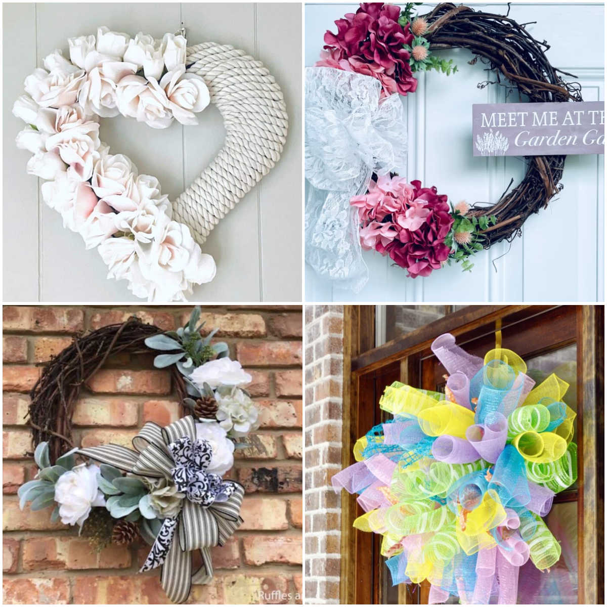 Collage: top left heart wreath, top right hydrangea wreath, bottom right wreath with springy coils, bottom left grapevine wreath with flowers.