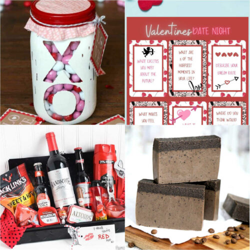 Square image collage: top left white jar with "X" and "O" see through letters with candy inside, top right date night conversation cards, bottom right coffee soap, bottom left hos and spicy gift set.
