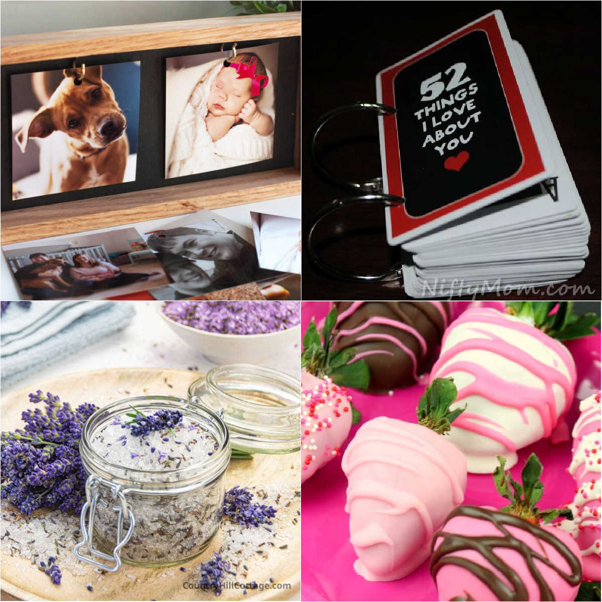 Collage: top left wood frame with 2 images, top right bound deck of cards with "52 Things I Love about you" on the front, bottom right chocolate covered strawberries, bottom left a jar with lavender bath salt.