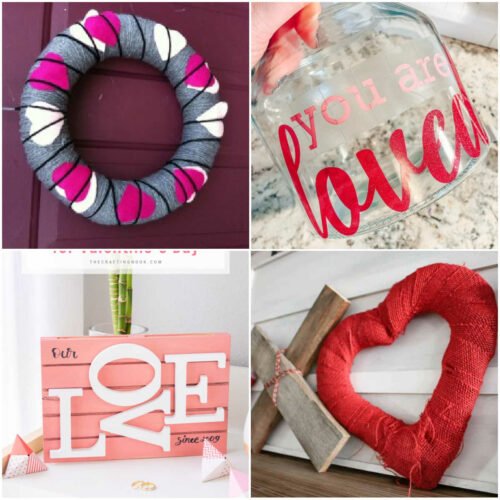 Collage of 4: top left gray wreath with hearts, top right jar with "you are loved" on it, bottom right wood "x" and red burlap covered heart "o", bottom left pink pallet with "our Love" on it.