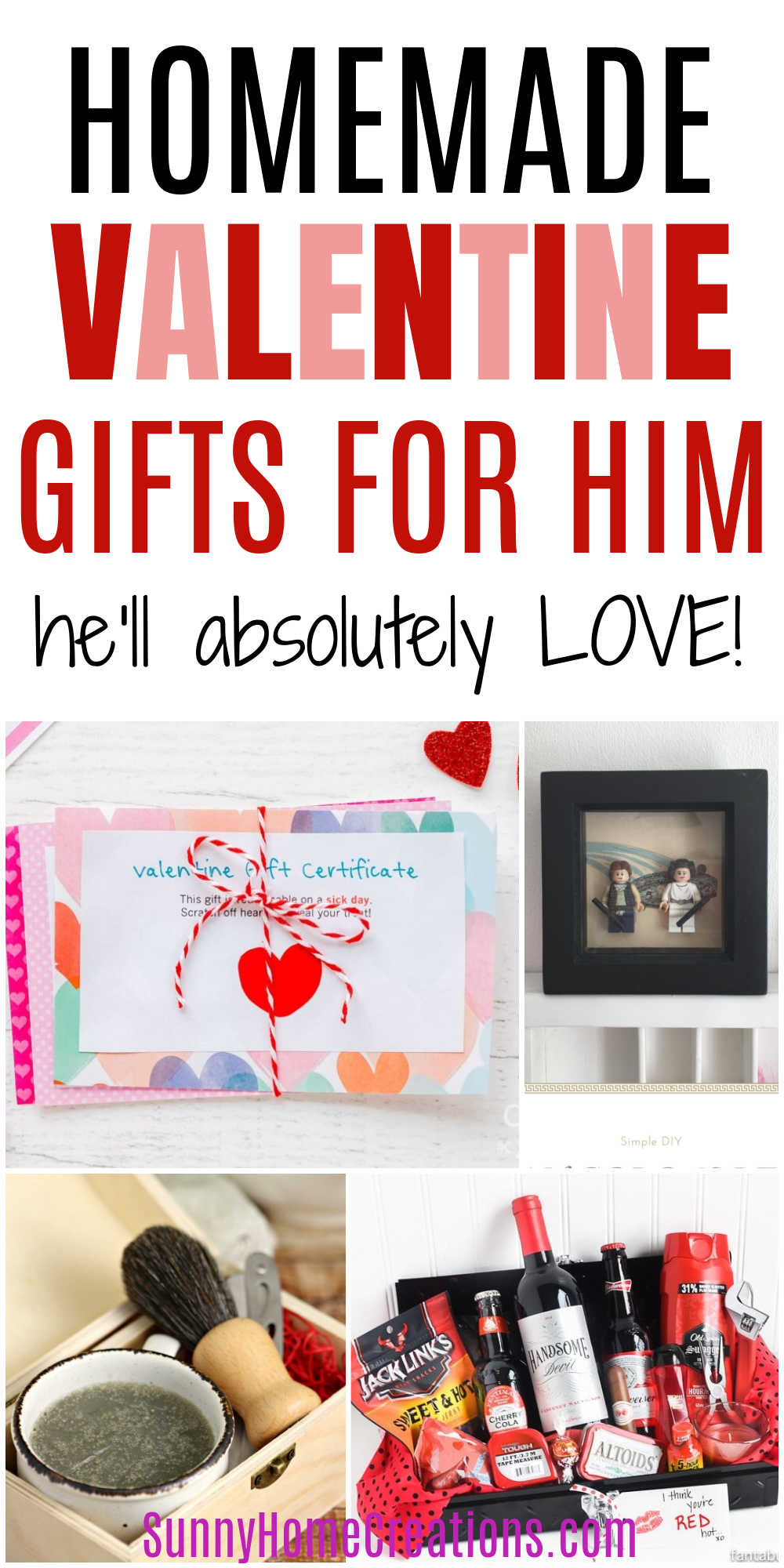 Pin image: top says "Homemade Valentine gifts for him he'll absolutely love", bottom has a collage of love coupons, Lego pic frame, red hot kit, and shaving cream set.