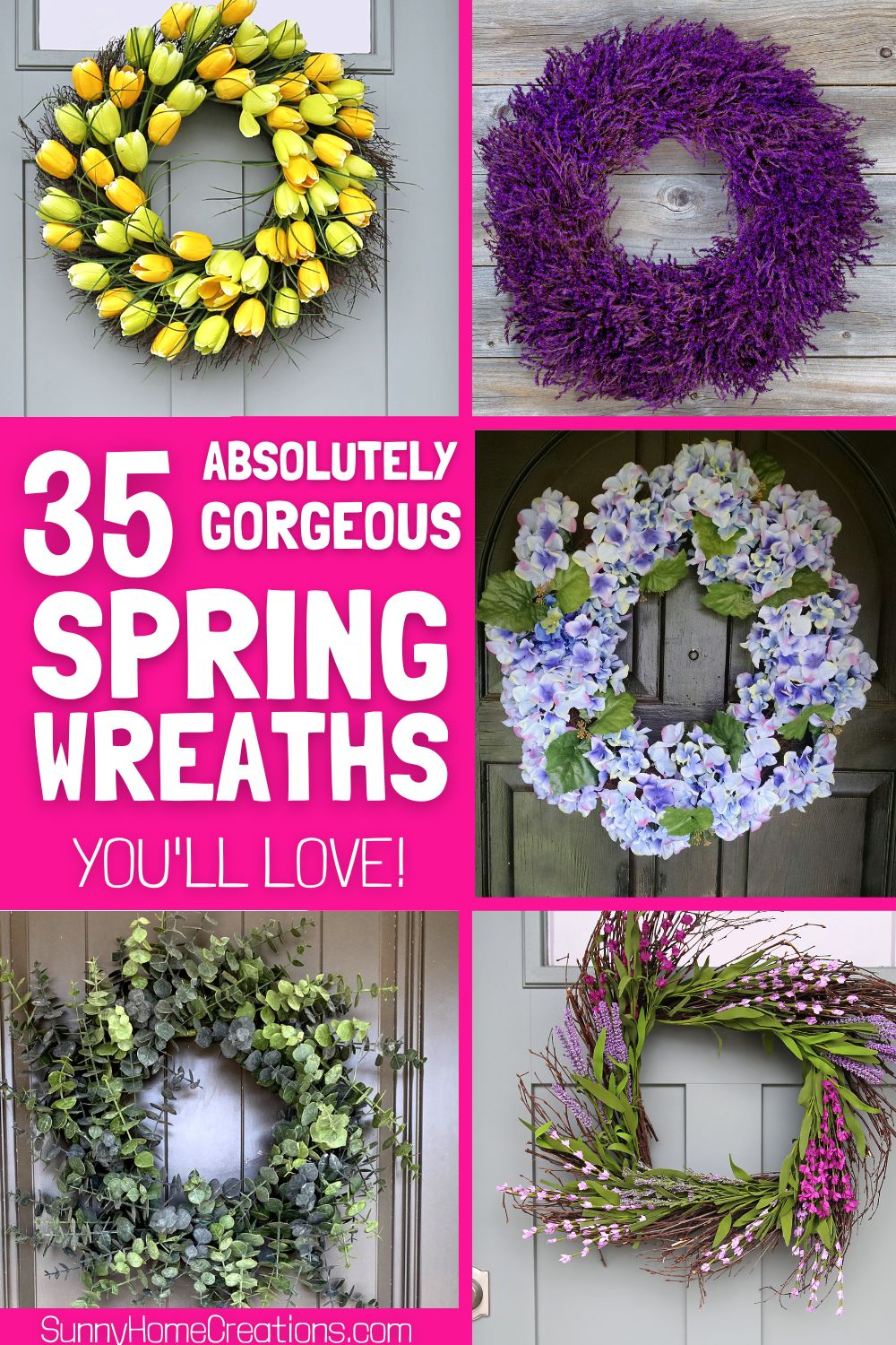 Pin image: collage of wreaths with the words "35 absolutely gorgeous spring wreaths you'll love".