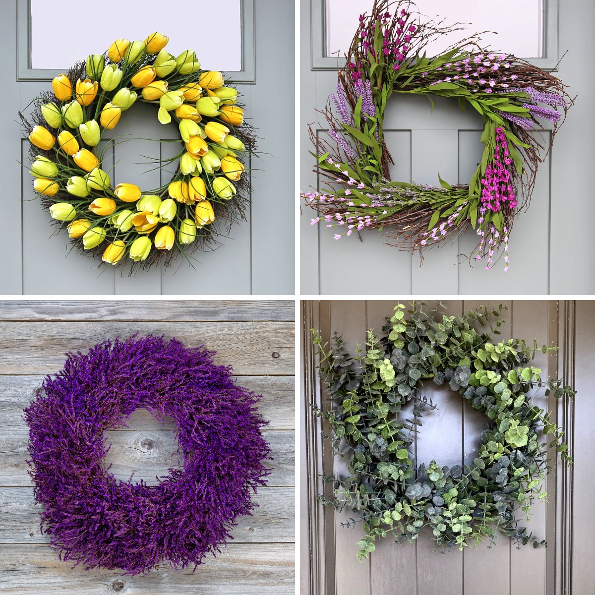 Collage of 4 wreaths: top left yellow tulips wreath, top right spring purple flowers wreath, bottom right eucalyptus wreath, bottom left lavender wreath.