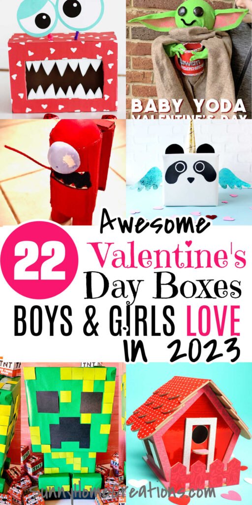 Pin image: Collage of monster, Yoda, Among Us, Pandicorn, Minecraft Creeper and Birdhouse Valentine's Boxes. The Words "22 awesome Valentine's Day Boxes boys & girls love in 2023".