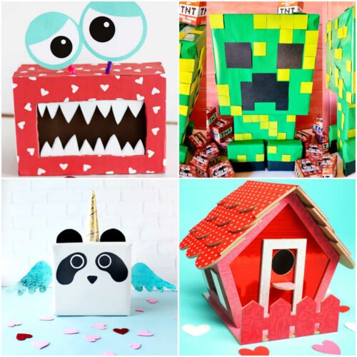 Valentine's Day Boxes collage - top left monster box, top right Minecraft creeper box, bottom right red birdhouse box, bottom left Panda Unicorn box.