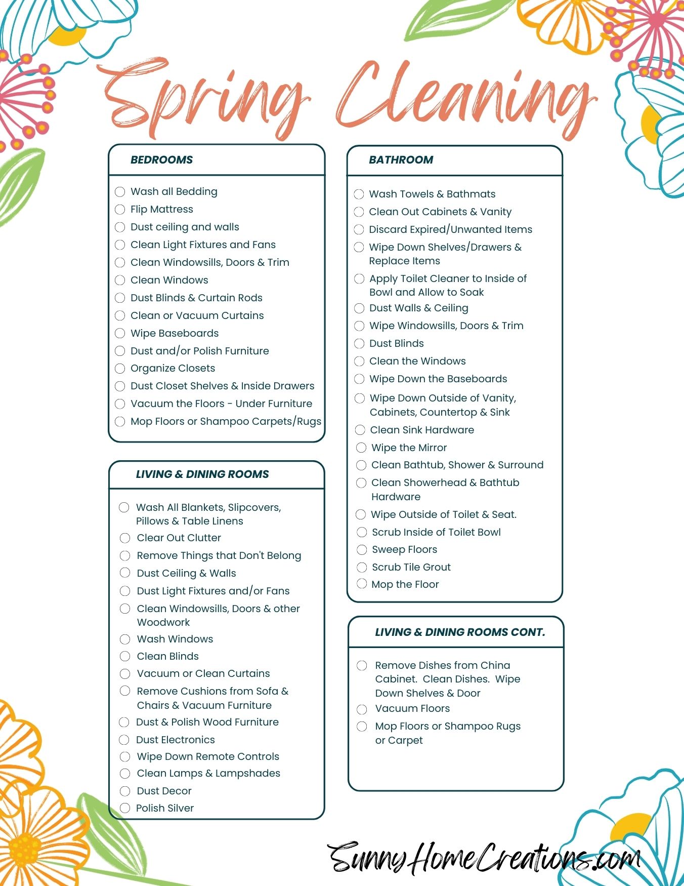 Checklist for spring cleaning bedrooms, bathrooms, living and dining rooms checklist.