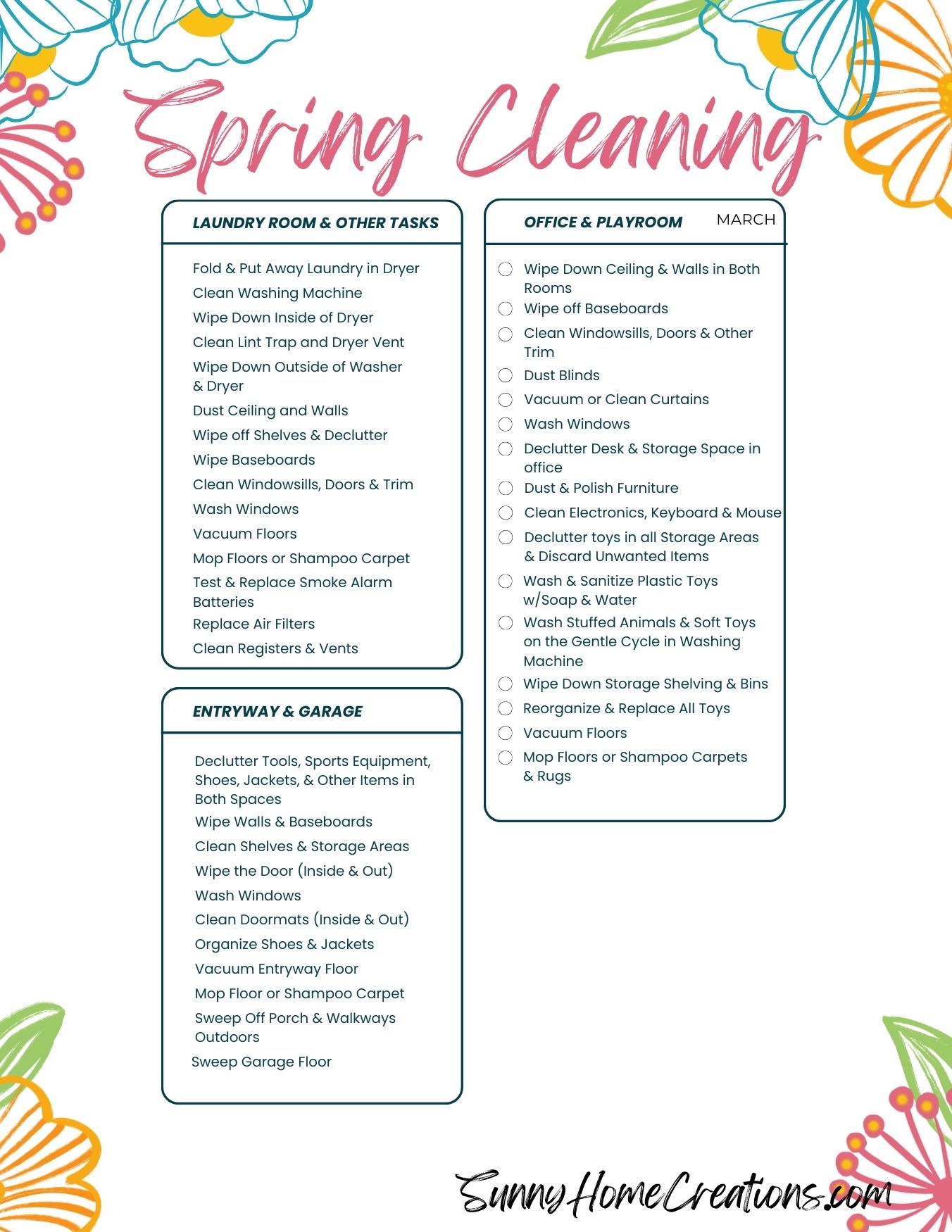 Spring cleaning printable checklist for laundry room, office, playroom, entryway and garage.