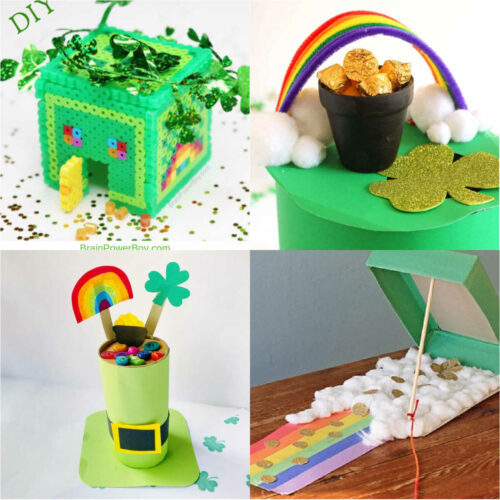 Collage: top left Green perler bead trap, top right rainbow over pot of gold Rolo's, bottom right rainbow leading to cotton balls with gold coins with a box lid propped up, bottom left top hat with rainbow and shamrock on top.