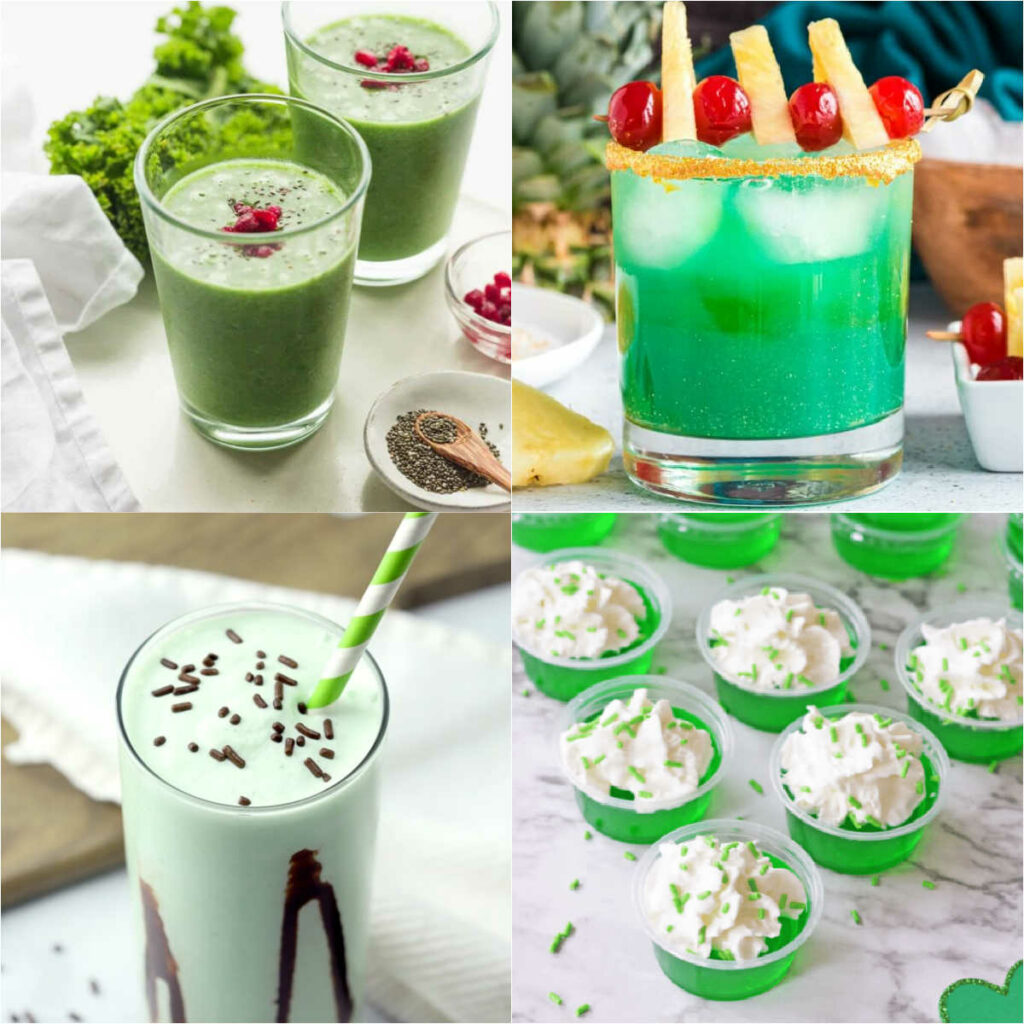 Pin image with the following drinks: green smoothies, boozy leprechaun, green Jello shots, and a frozen grasshopper.