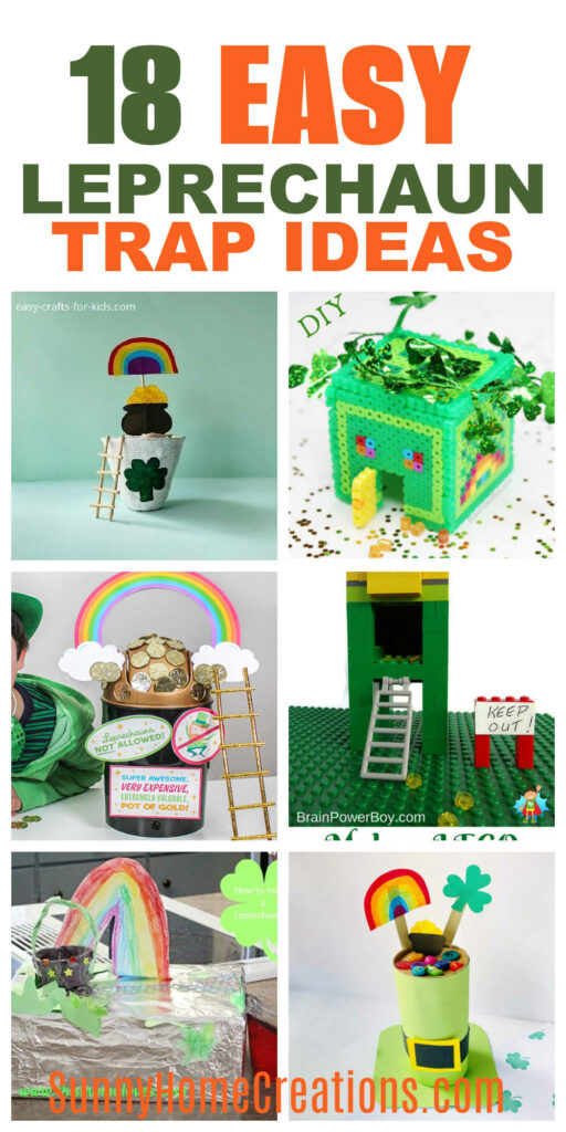 Pin image: top says "18 easy leprechaun trap ideas" and bottom has a collage of 6 traps.