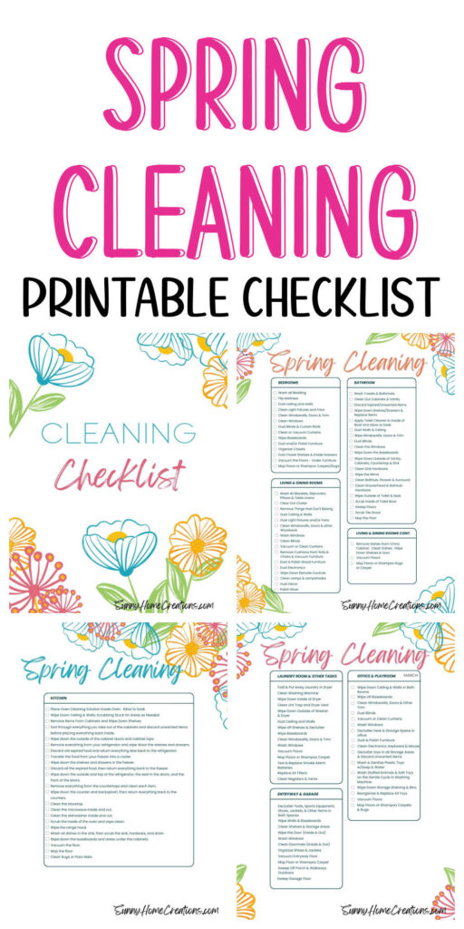 Pin image; top says "Spring Cleaning Printable Checklist" and bottom has a pic of all the pages of the checklist.