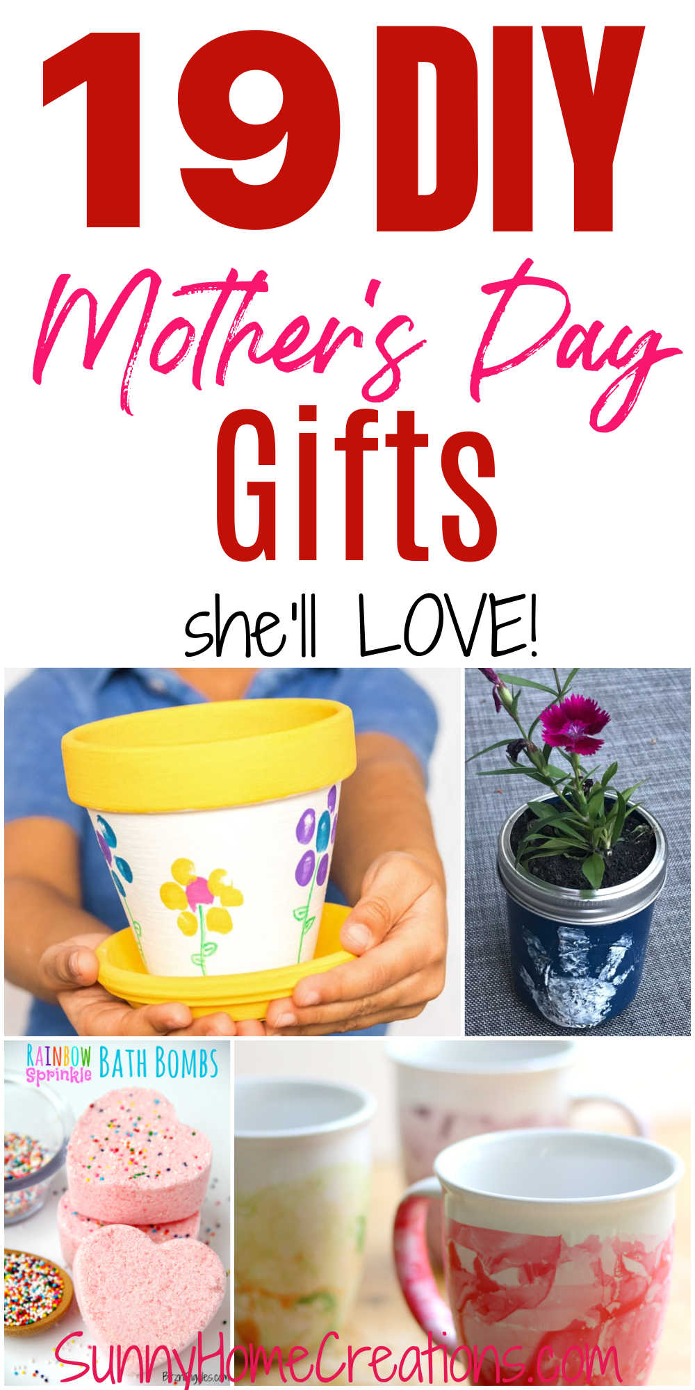 Pin image; top says "19 DIY Mother's Day Gifts she'll love" with collage of gifts under.