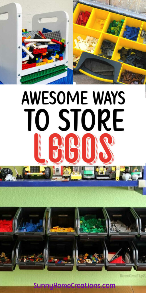 Pin image: top and bottom have lego storage ideas and middle says "Awesome ways to store Legos".