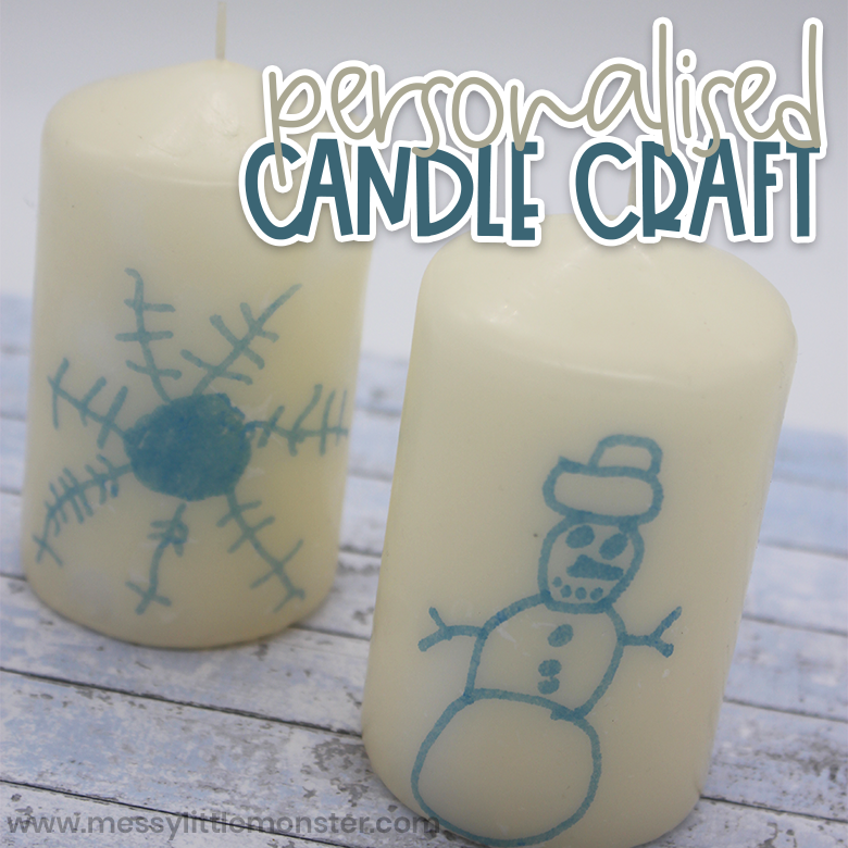 2 personalized candles: 1 with a snowflake and the other with a snowman.