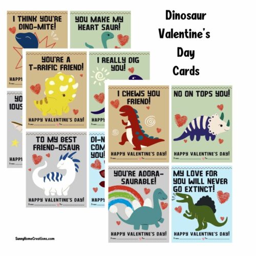Collage of dinosaur Valentine Cards.